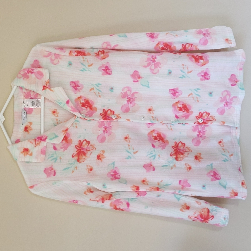 Mayfair Fleece Floral Button Up Pajama Top Sleepwear S White Pink Green